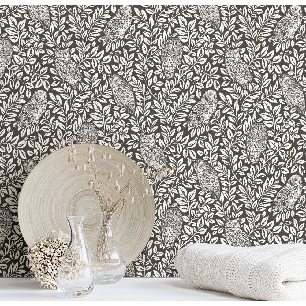 NuWallpaper NUS3625 Sleepy Owls Peel & Stick Wallpaper, Charcoal